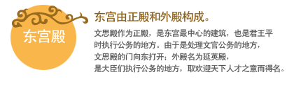 东宫由正殿和外殿构成。
文思殿作为正殿，是东宫最中心的建筑，也是君王平时执行公务的地方。由于是处理文官公务的地方，文思殿的门向东打开；外殿名为延英殿，是大臣们执行公务的地方，取欢迎天下人才之意而得名。