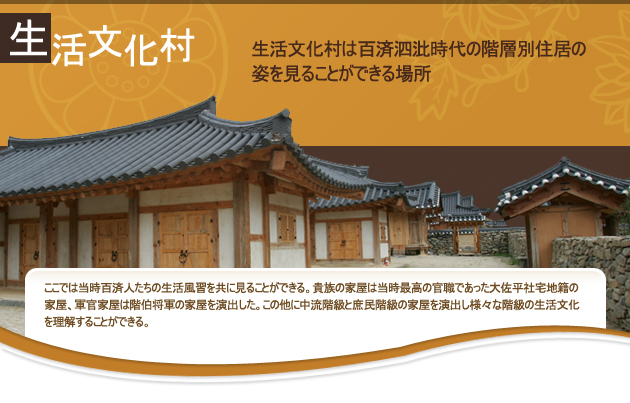 生活文化村は百済泗沘時代の階層別住居の姿を見ることができる場所
ここでは当時百済人たちの生活風習を共に見ることができる。貴族の家屋は当時最高の官職であった大佐平社宅地籍の家屋、軍官家屋は階伯将軍の家屋を演出した。この他に中流階級と庶民階級の家屋を演出し様々な階級の生活文化を理解することができる。