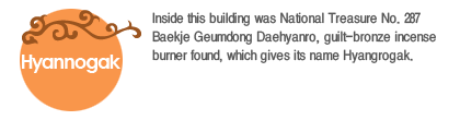 Inside this building was National Treasure No. 287 Baekje Geumdong Daehyanro, guilt-bronze incense burner found, which gives its name Hyangrogak. 
  