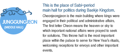 Cheonjeongjeon is the main building where kings were engaged in their political and administrative affairs. The first letter Cheon means the heaven or sky to which important national affairs were prayed to seek for solutions. This throne hall is the most important place within the palace to serve for New Year's rituals, welcoming receptions for envoys and other important events. 