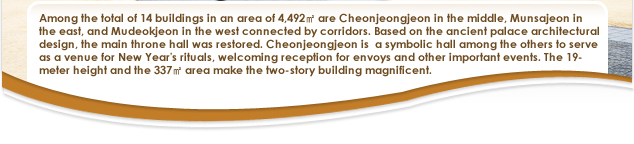 Among the total of 14 buildings in an area of 4,492㎡ are Cheonjeongjeon in the middle, Munsajeon in
the east, and Mudeokjeon in the west connected by corridors. Based on the ancient palace architectural
design, the main throne hall was restored. Cheonjeongjeon is  a symbolic hall among the others to serve
as a venue for New Year's rituals, welcoming reception for envoys and other important events. The 19-
meter height and the 337㎡ area make the two-story building magnificent. 