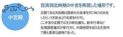 百済泗沘時期の中宮を再現した場所です。
正殿である天政殿は国家の大政事を天に知らせ決定したという天政台より名前を付けた。
ここ中宮の正殿では王の即位儀礼、新年行事など各種国家儀式が挙行され、外国使節を迎える王宮内で最も重要な建物であった。 