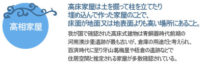 高床家屋は土を掘って柱を立てたり埋め込んで作った家屋のことで、床面が地面又は地表面よりも高い場所にあること。
我が国で確認された高床式建物は青銅器時代前期の河南渼沙里遺跡が最も古いが、倉庫の用途だと考えられ、百済時代に至り牙山葛梅里や梧倉の遺跡などで住居空間と推定される家屋が多数確認されている。