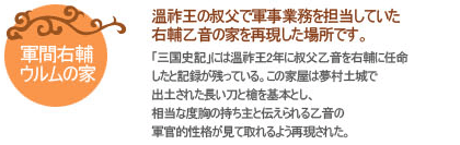 溫祚王の叔父で軍事業務を担当していた右輔乙音の家を再現した場所です。
「三国史記」には溫祚王2年に叔父乙音を右輔に任命したと記録が残っている。この家屋は夢村土城で出土された長い刀と槍を基本とし、相当な度胸の持ち主と伝えられる乙音の軍官的性格が見て取れるよう再現された。